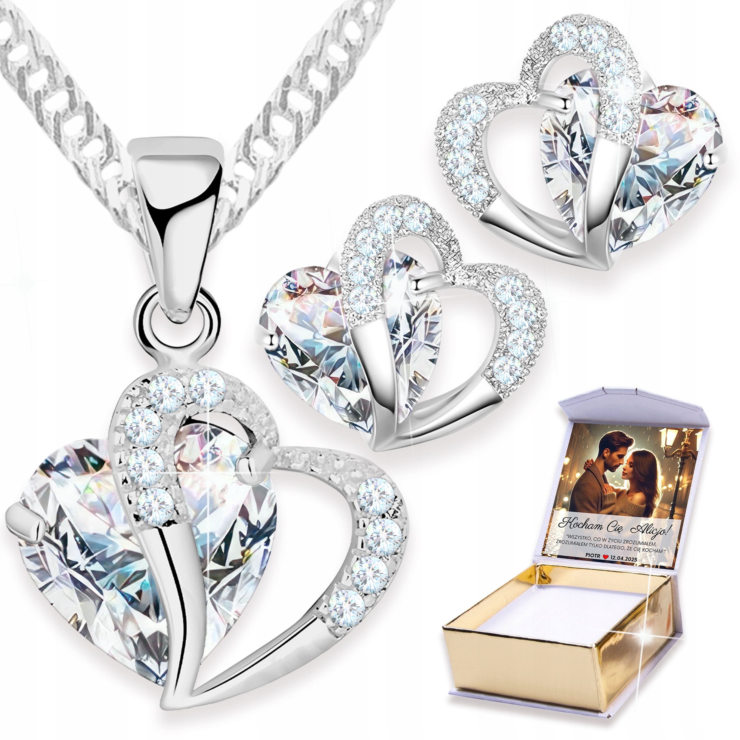 Sada stříbrných šperků Náhrdelník a Náušnice Bílé srdce Vlastní Potisk