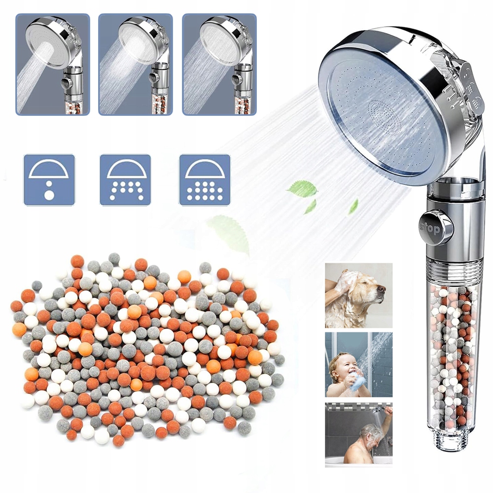 JONOWA SŁUCHAWKA PRYSZNICOWA OSZCZĘDZAJĄCA WODĘ, FILTR KAMIENI NATURALNYCH