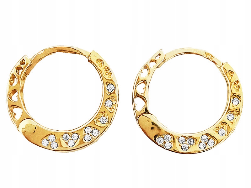 Zlaté náušnice 585 jemné kroužky se srdíčky zdobenými zirkony 14k