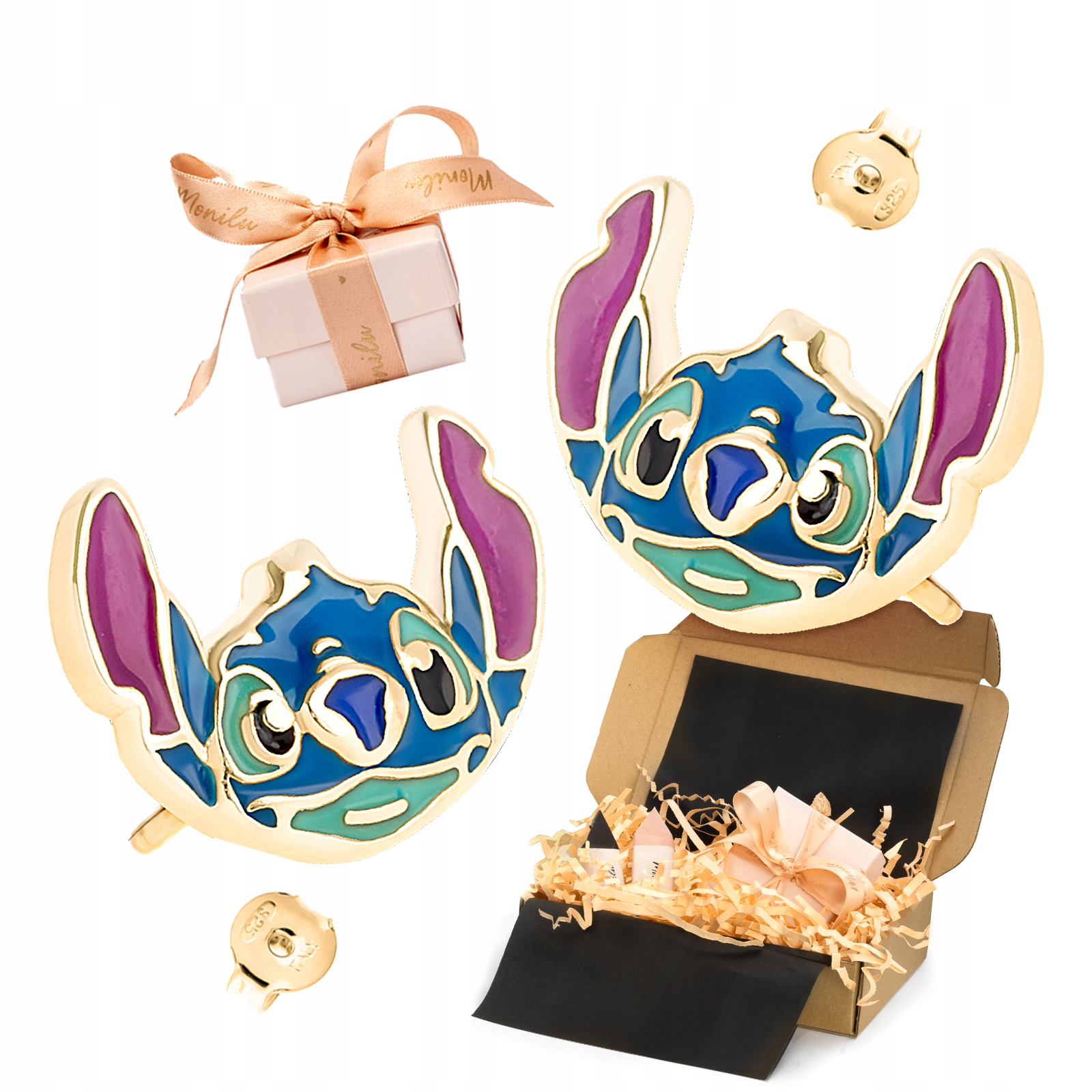 Pozlacené Stříbrné náušnice 925 Usmívající se Stich pro malou slečnu Dárek