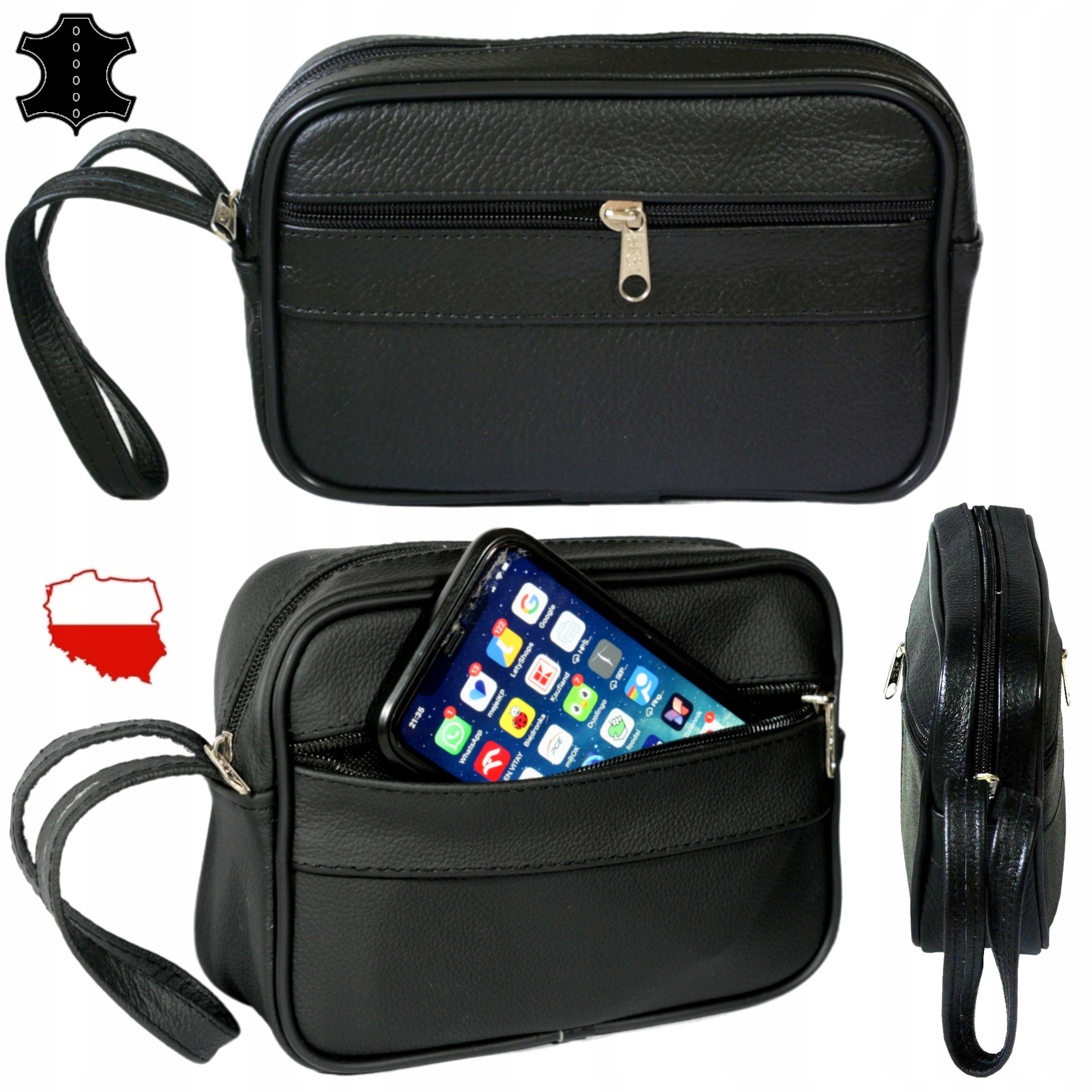 Kožená pánská taška se dvěma komorami do ruky, velká polská výroba