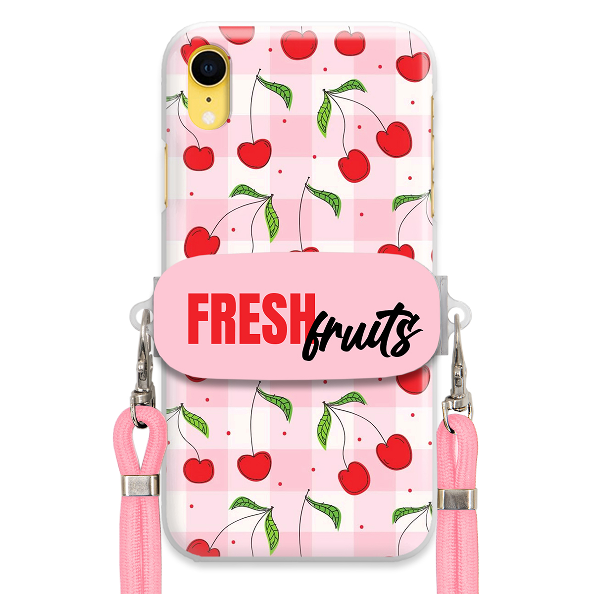 Pouzdro pro iPhone Xr Case Držák Šňůrka Růžová Fresh Fruits Mřížka Ovoce