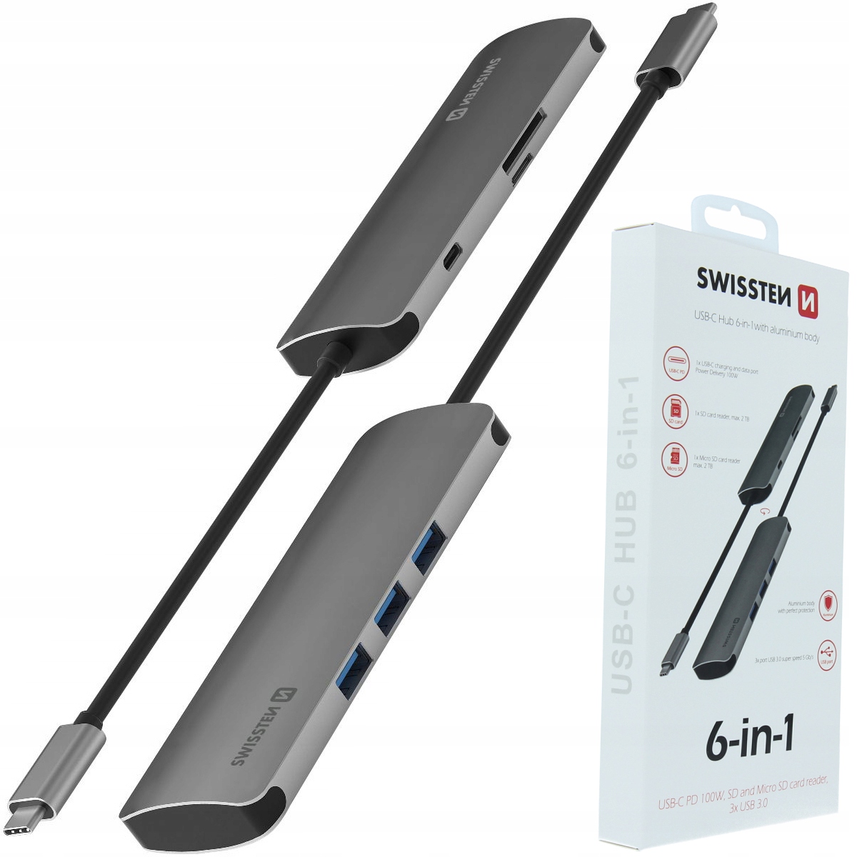 Hub USB-C SWISSTEN 3x USB 3.0 + SD + microSD 5Gb/s 6 w 1!