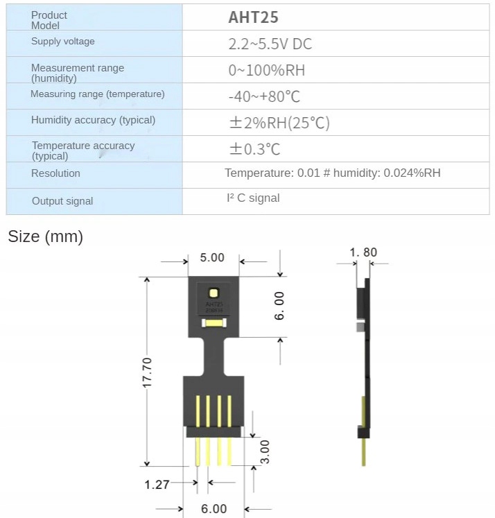 Czujnik/sensor temperatury i wilgotności AHT25 i2c Model AHT25