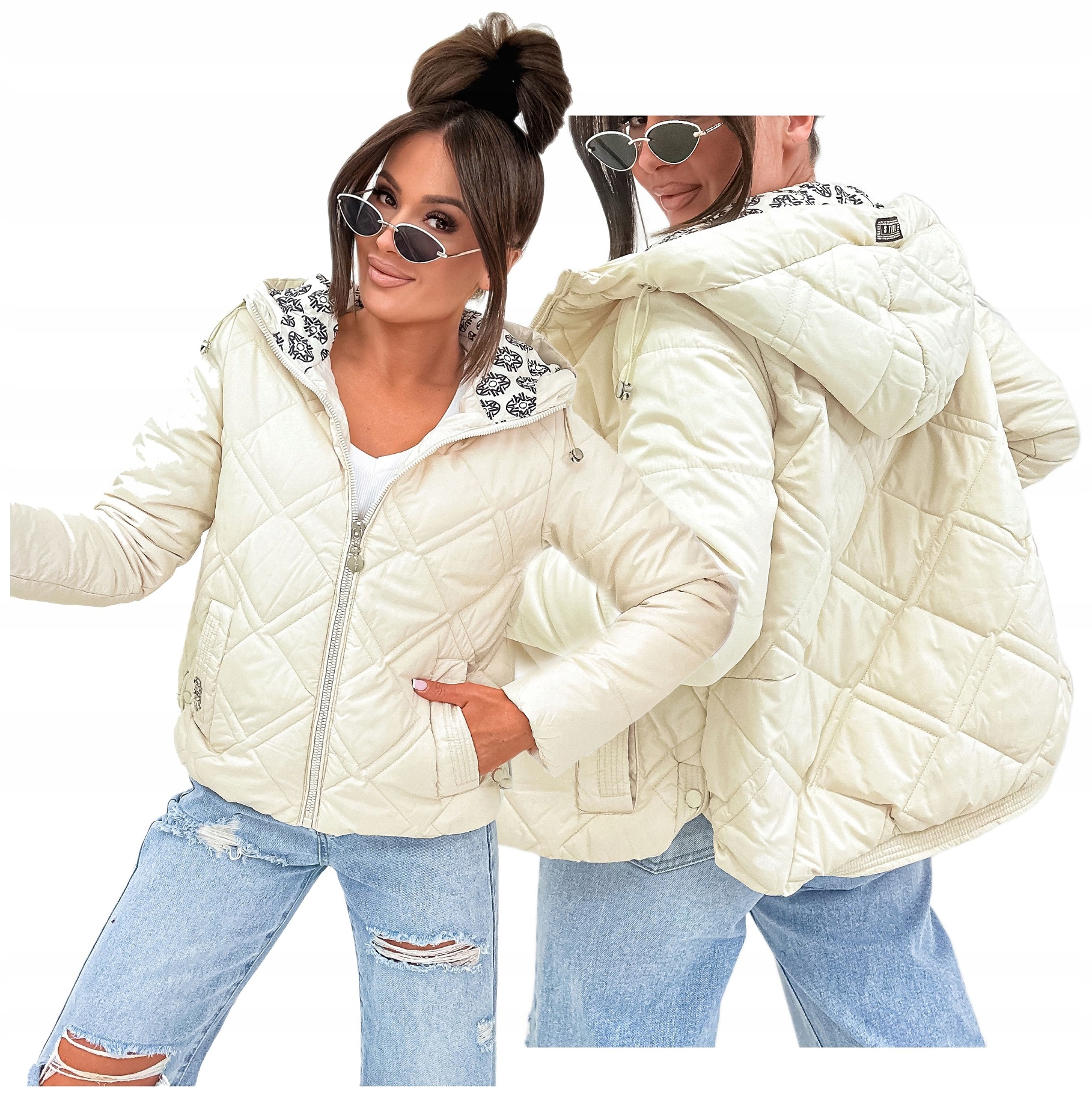 Kurtka Damska Wiosenna Przejsciowa Pikowana Z Kapturem Beżowa 60399 Roz XXL