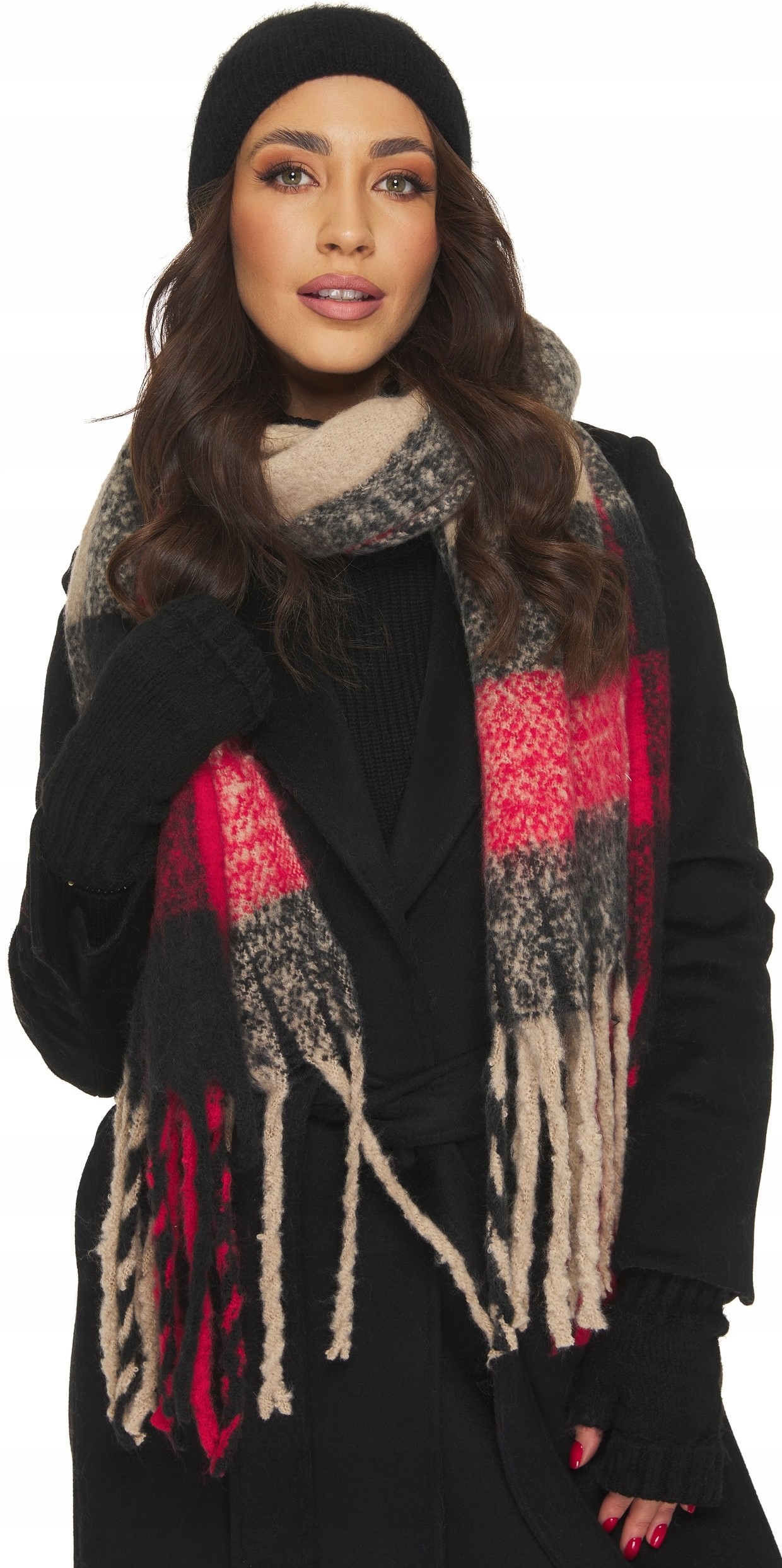 SZAL SZALIK DAMSKI GRUBY W KRATĘ Z FRĘDZLAMI ciepły miękki zimowy na zimę Marka DEMUR