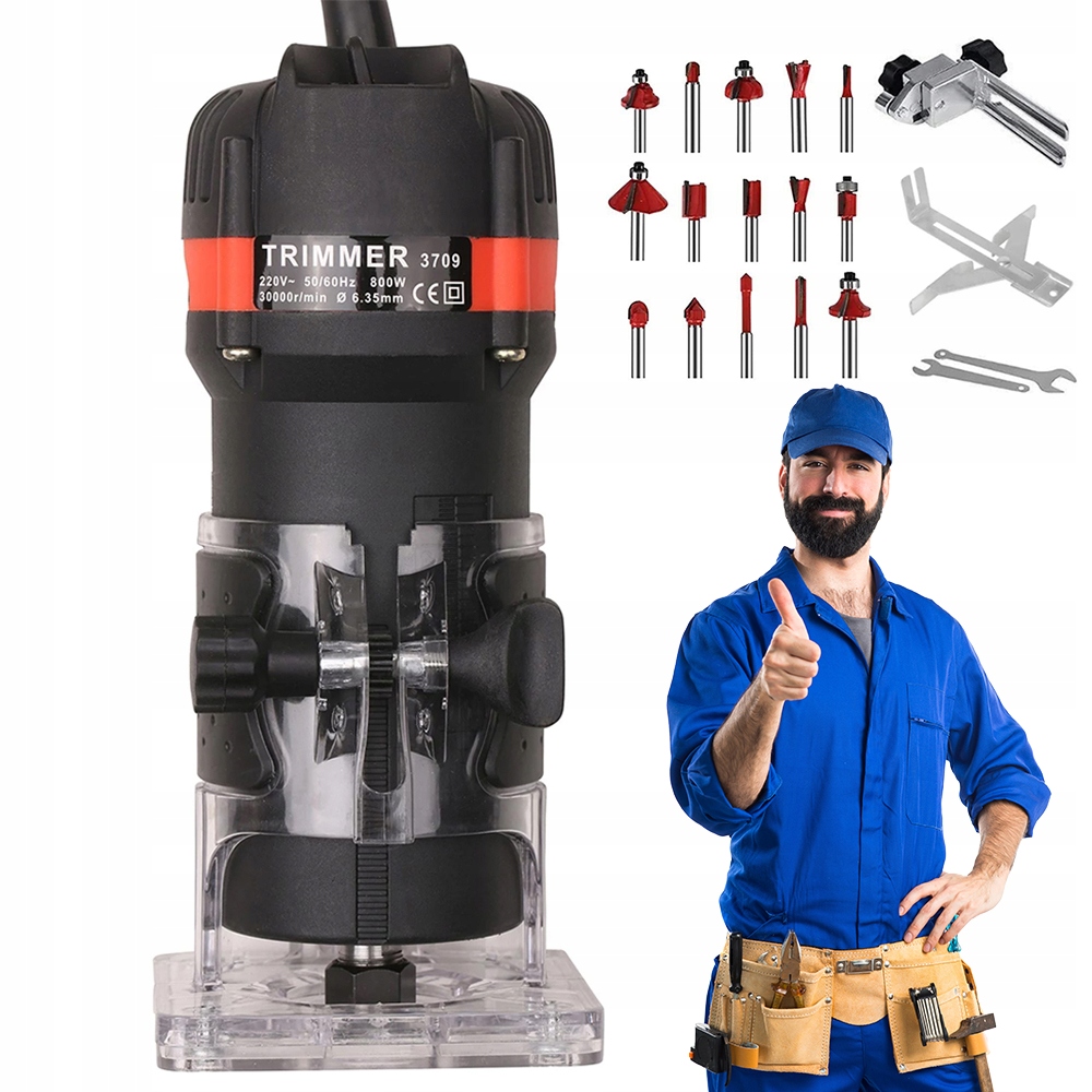 Horní frézka 800 W, regulace otáček, průhledná základna