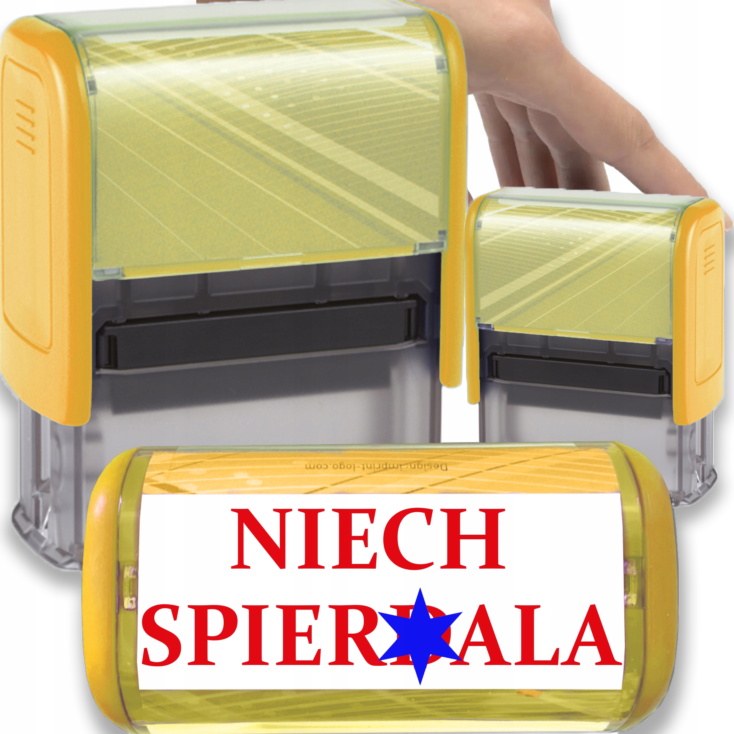 PIECZĄTKA ŻÓŁTA AUTOMATYCZNA NAPIS NIECH SPIERD*** GADŻET NA PREZENT