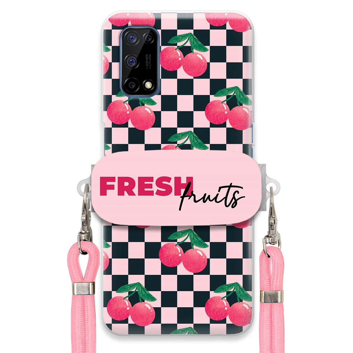 Puzdro pre Realme 7 5G Vodítko Pink Crossbody Držiak Šachovnica Fresh Fruits