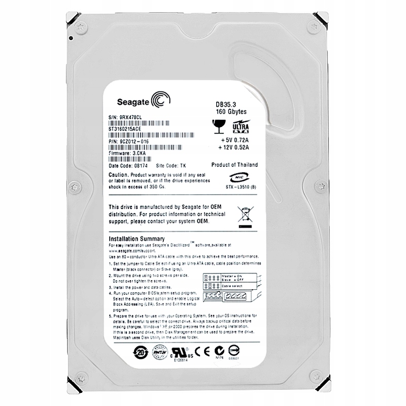 Seagate 160GB ST3160215ACE 2Mb Cache 7200Rpm Ata 3.5