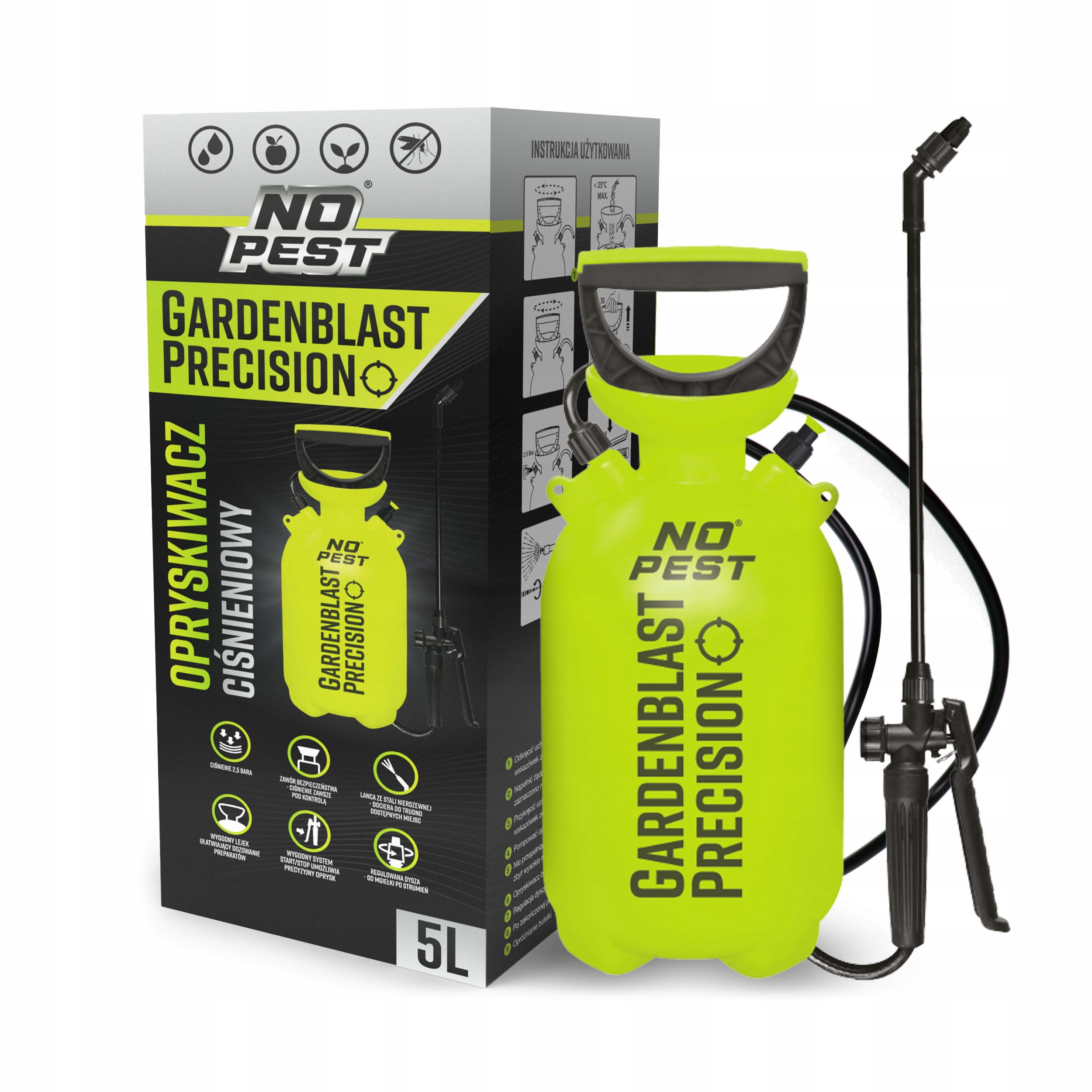 OPRYSKIWACZ CIŚNIENIOWY RĘCZNY OGRODOWY Z REGULOWANĄ DYSZĄ GARDENBLAST 5L Marka No-Pest