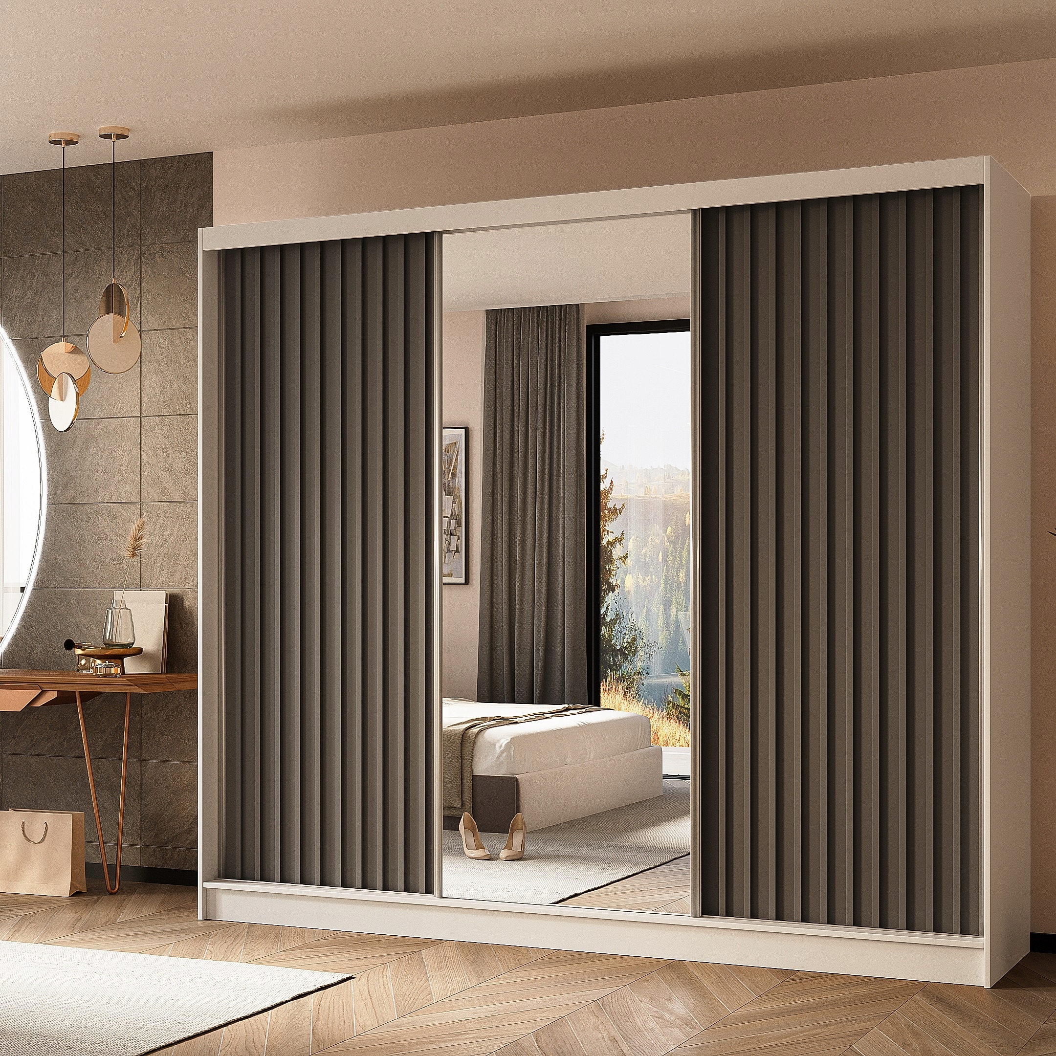 Skříň skříň Lamello 240 cm Skříň se zrcadlem Posuvná bílá