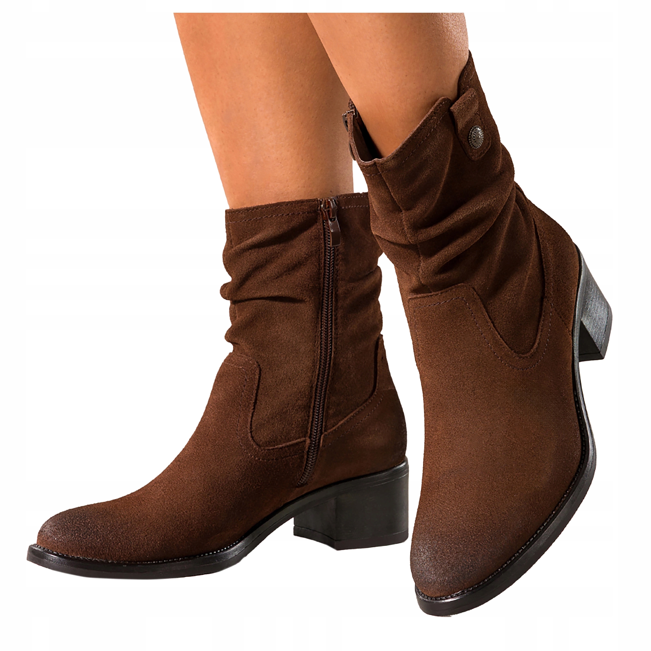 Dámské Kotníkové Boty Hnědé Kožené Pohodlné Široký Podpatek S Ozdobou Módní vel. 39