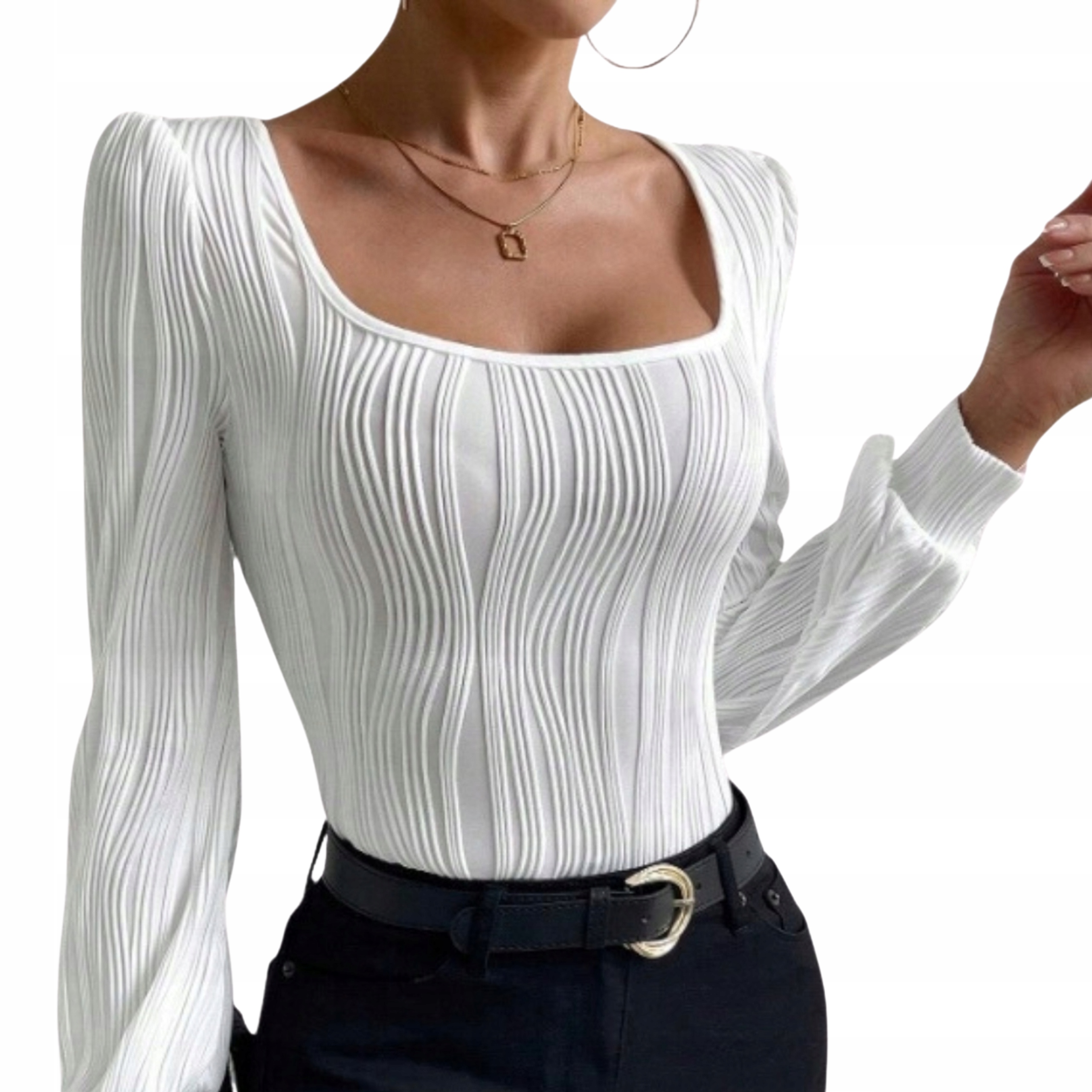 Bluzka damska dzianinowa z długim rękawem klasyczny krój biała