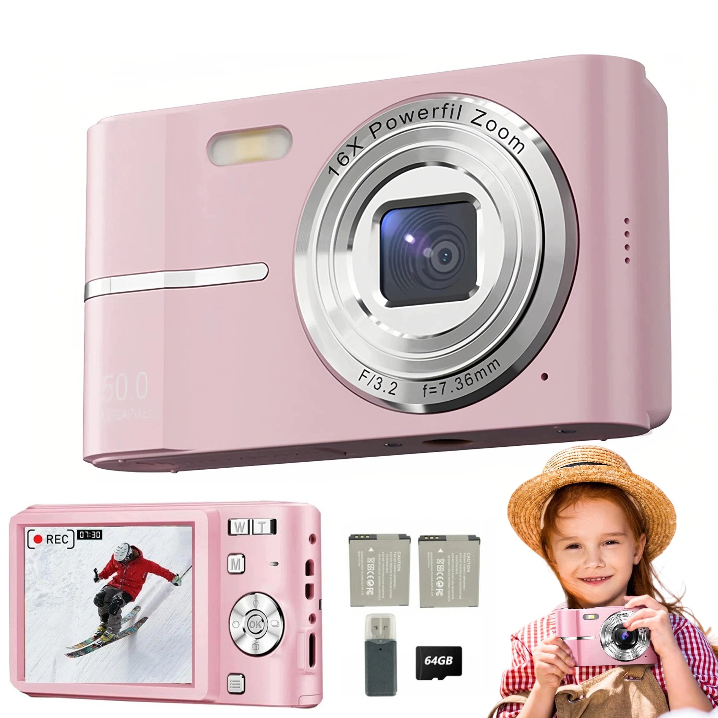 Mini Digitální Fotoaparát Hd 44MP Zoomem 16X Růžový 64GB Antishake