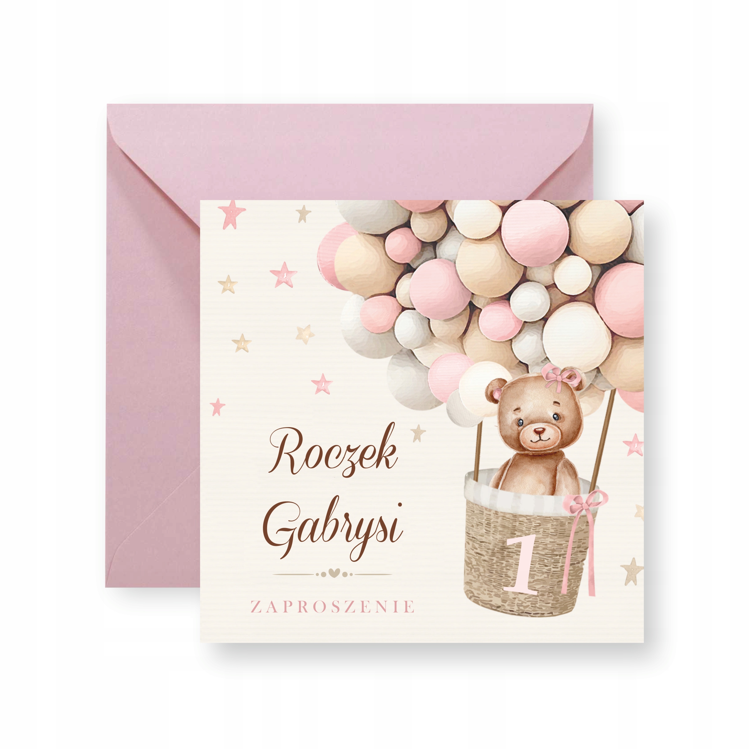 ZAPROSZENIA NA ROCZEK + IMIĘ + KOPERTA MIŚ BOHO