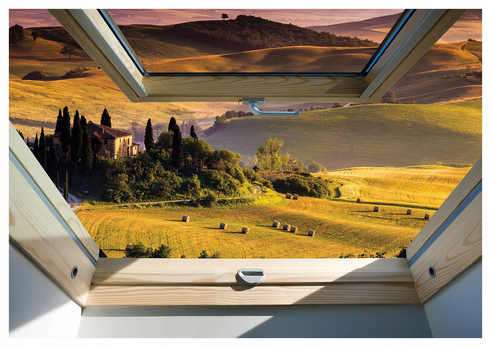 Fototapeta Toskánsko Okno Západ Slunce Krajina Pahorky 416x290 lepidlo