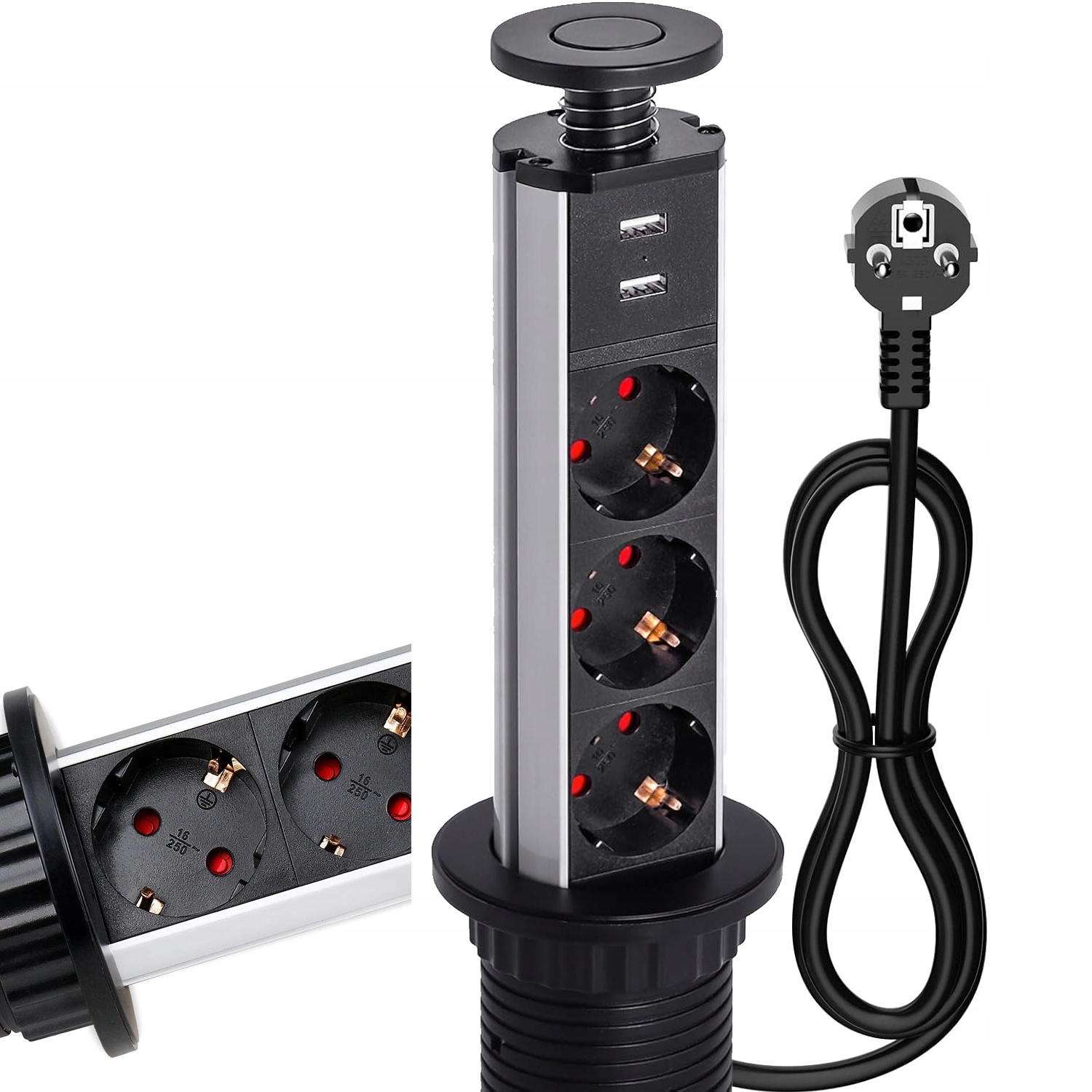 Stolní Zásuvka Zapuštěná Do Pracovní Desky, Napájecí 3 Zásuvky, 2 Usb