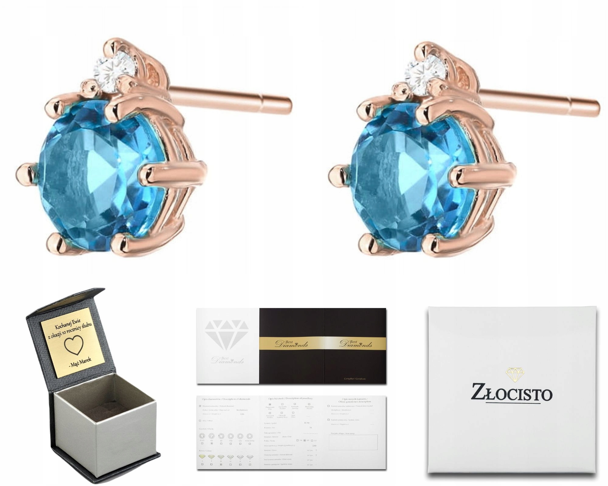 Náušnice Z Růžového Zlata O Ryzosti 585 Přírodní Kámen Topaz A Diamanty
