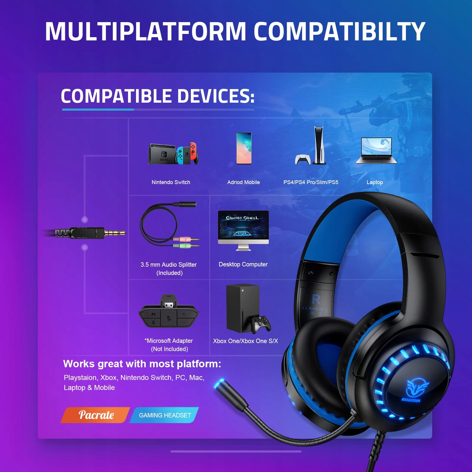 PACRATE Słuchawki Gamingowe PS4 PS5 Xbox PC Switch z Mikrofonem LED — miniatura 4