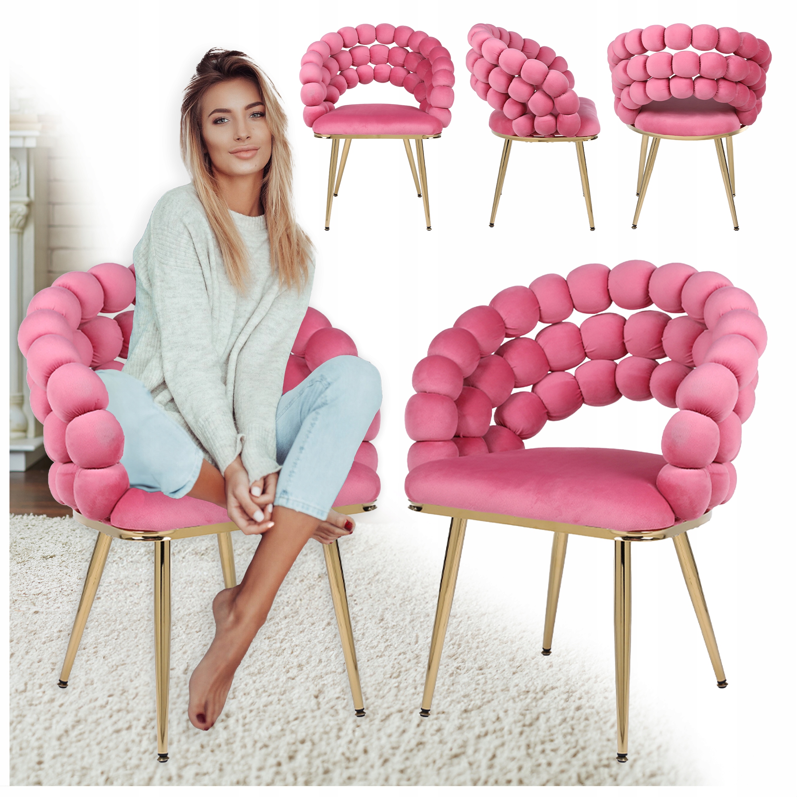 Fotel Krzesło Bubble Welurowe Tapicerowane Atria Brudny Róż Nogi Złote