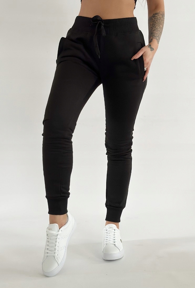 SPODNIE DRESOWE DAMSKIE CZARNE, ŚCIĄGACZ W PASIE, SPORTOWE, WYGODNE L Stan (wysokość w pasie) średni