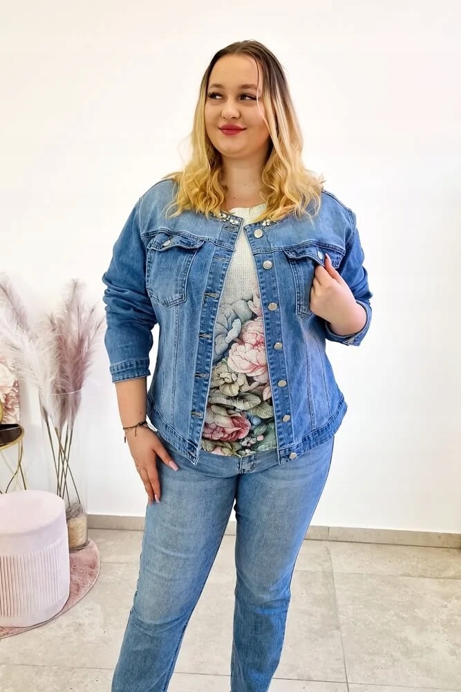 Modrá dámská džínová bunda s perličkami a flitry 3XL