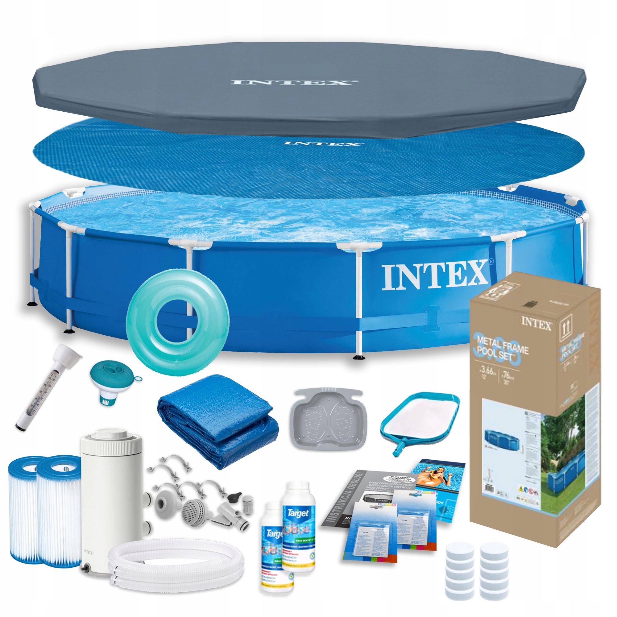 Basen Ogrodowy Stelażowy Z Pompą Okrągły Intex 366x76cm Zestaw 22w1