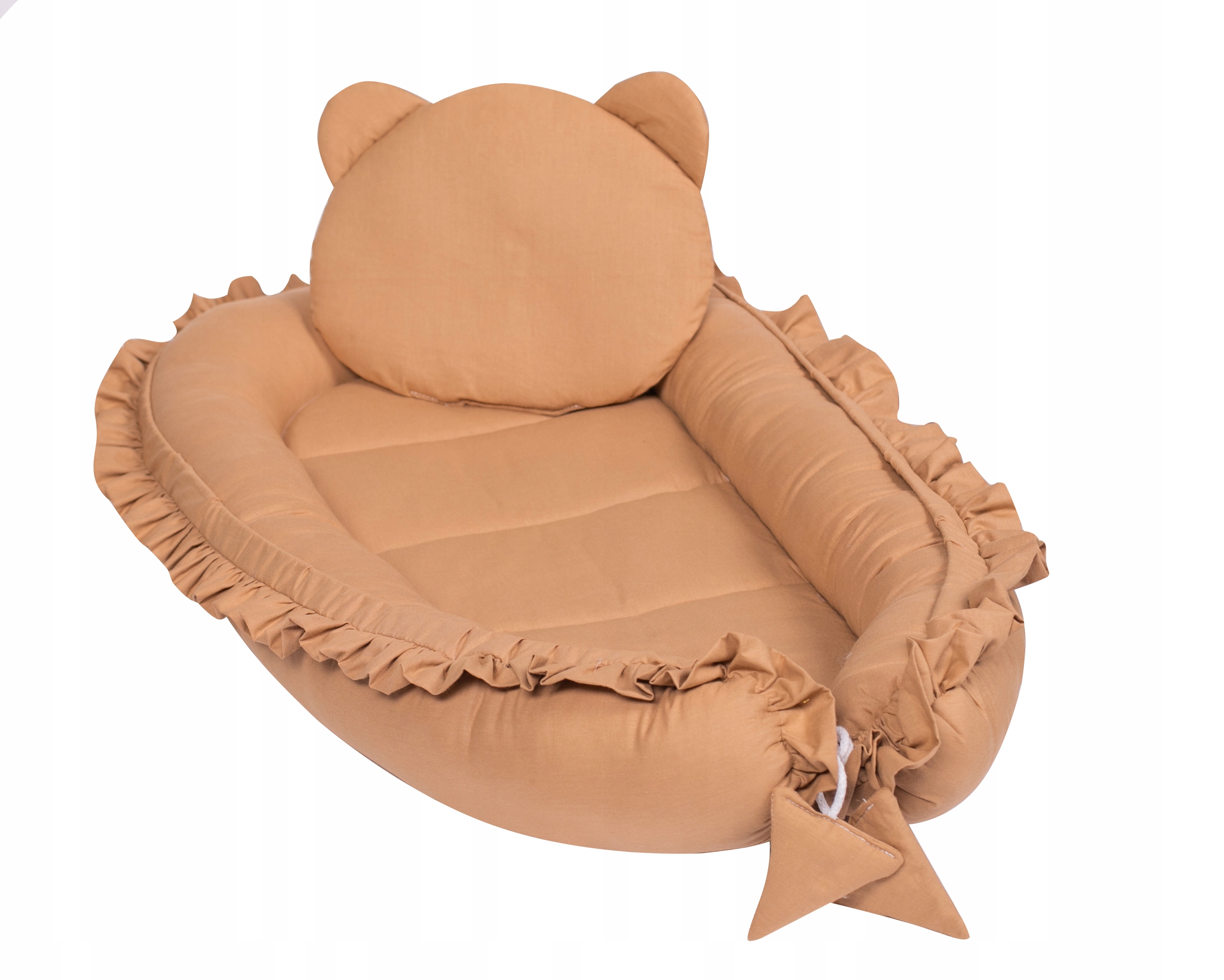 Kokon niemowlęcy bawełniany z falbaną z podusią brązowy FRILL