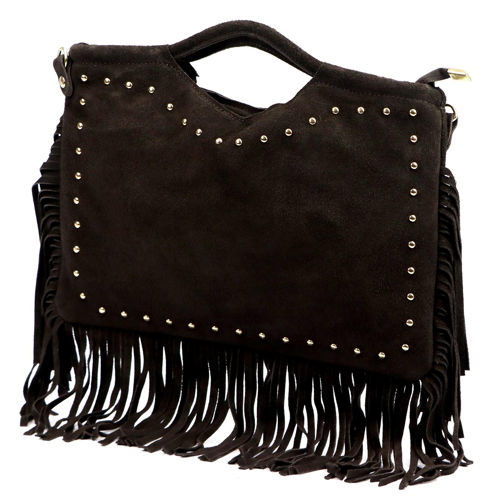 Dámská tmavě hnědá kožená kabelka s třásněmi Luka