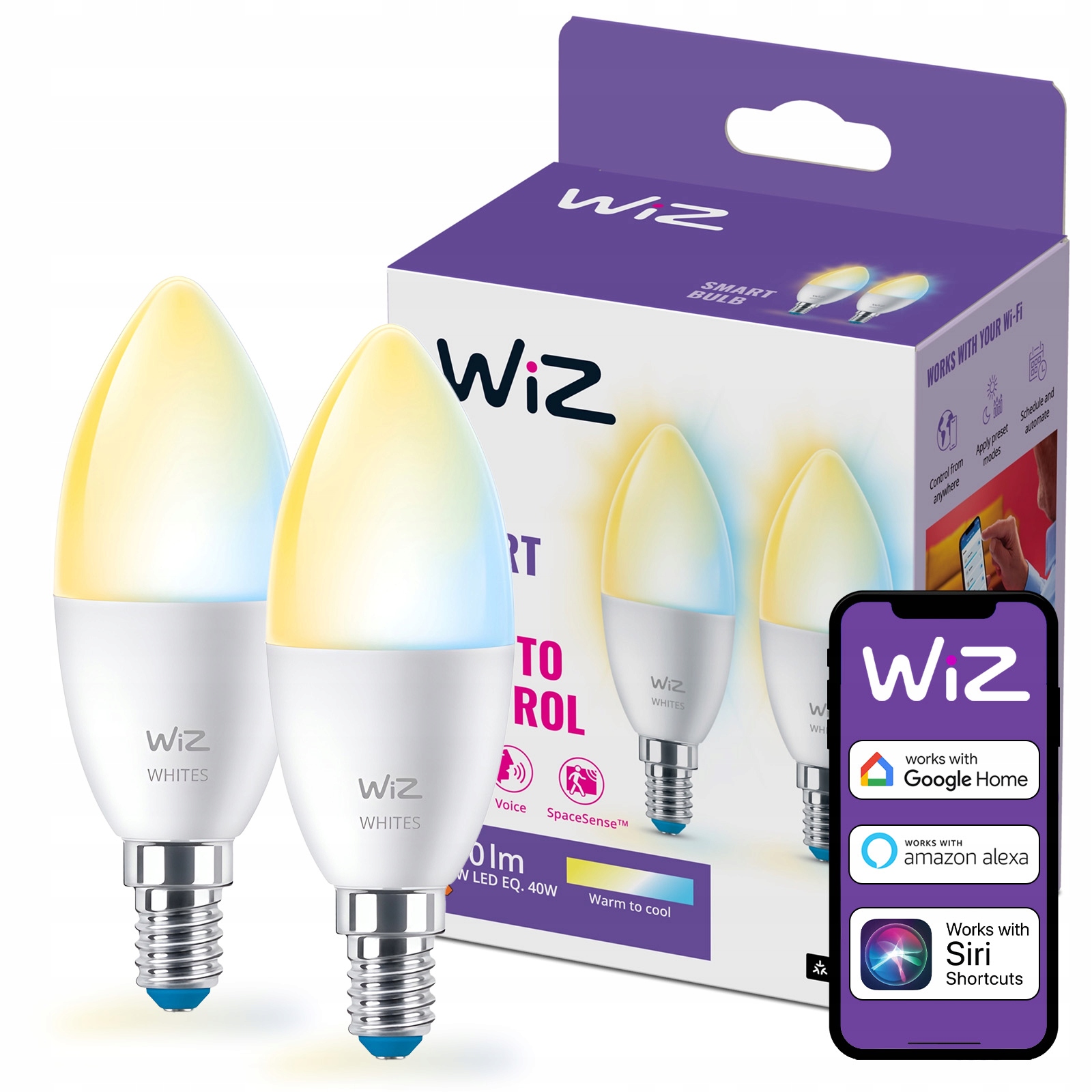 2x Led žárovka E14 Svíčka 4,9W 40W 2200-6500K Smart WiFi Aplikace WiZ