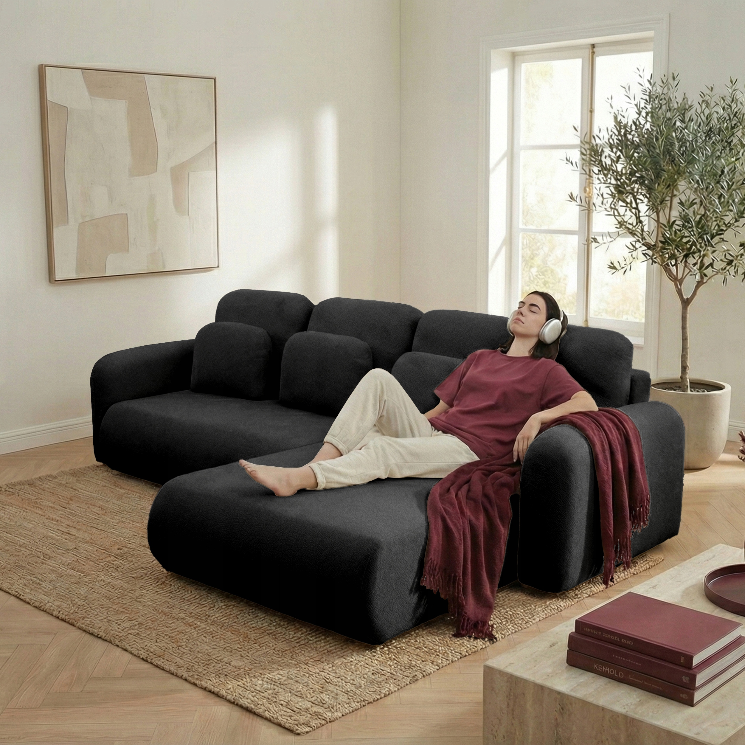 Rohová Sedací Souprava s funkcí spaní Rohová rozkládací pohovka Nest Kontejner Černá