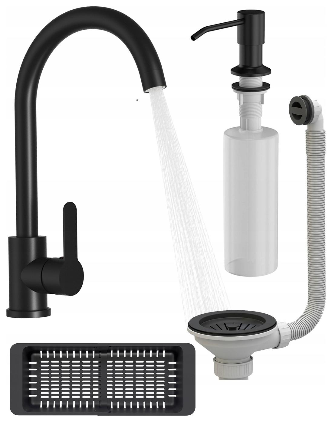 Kuchyňská baterie sifon dávkovač kuchyňský košík Set černý do dřezu