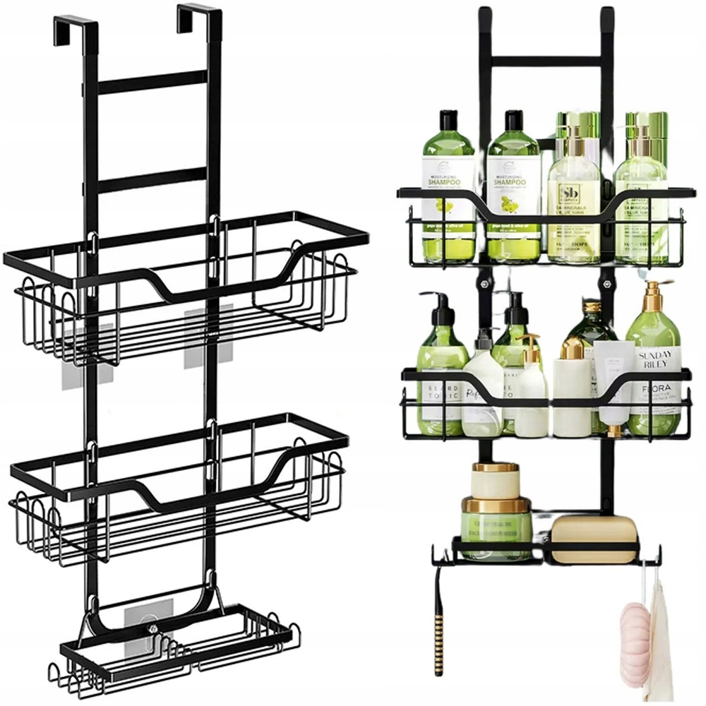 Koupelnová Polička Pod Sprchu Závěsná Ocelová Věšák Košíky x3