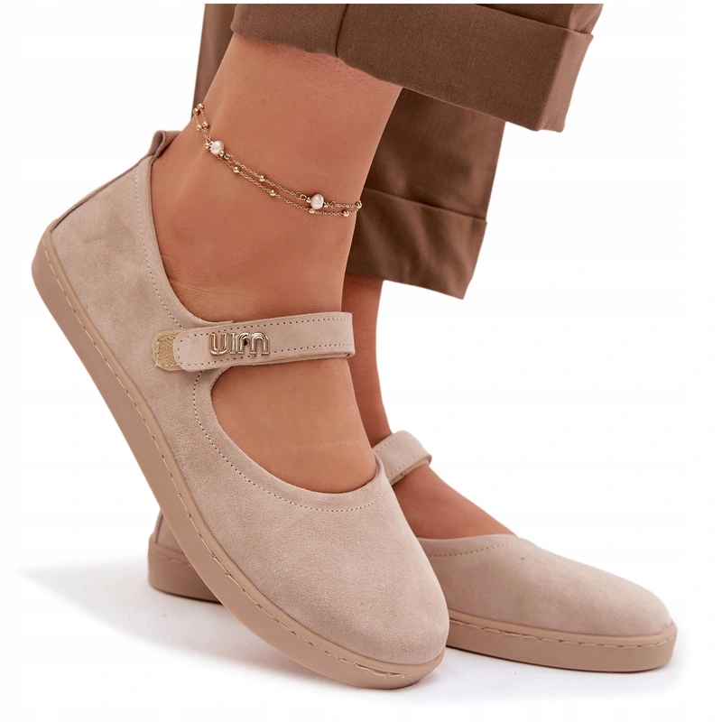 Baleríny Barefoot Semišové Pásek Na Suchý Zip Zlatý Detail Zazoo 10206 Béžová 39