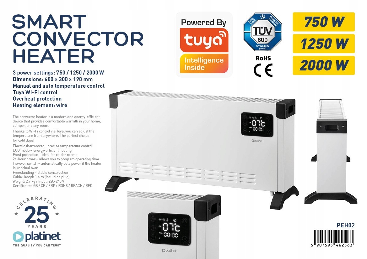 Platinet Smart Elektrický Radiátor Gril 2000W Wifi Tuya Displej Biely [4625
