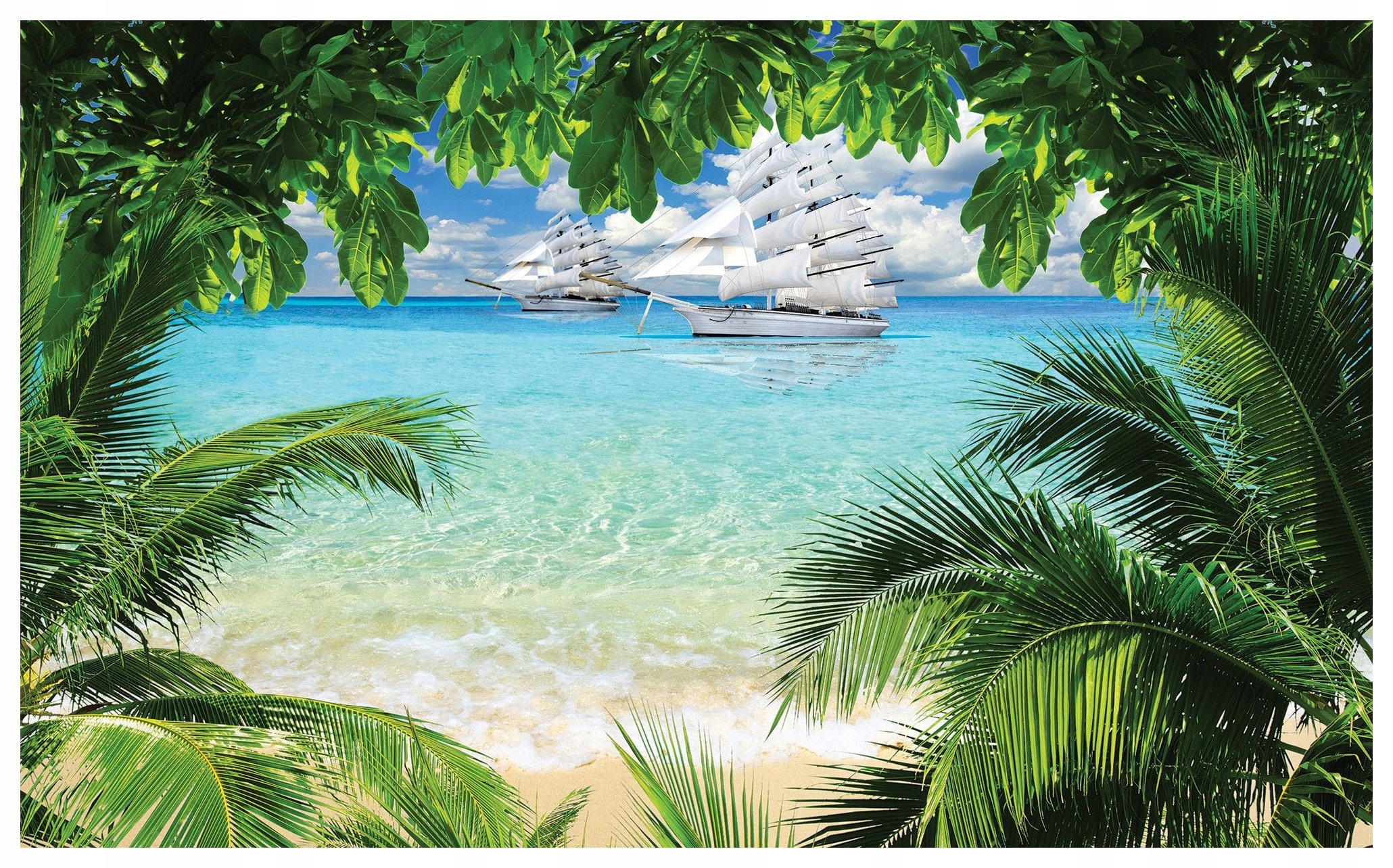 Tapeta Západ slunce s palmami plachetnice tropická krajina 208x146 lepidlo