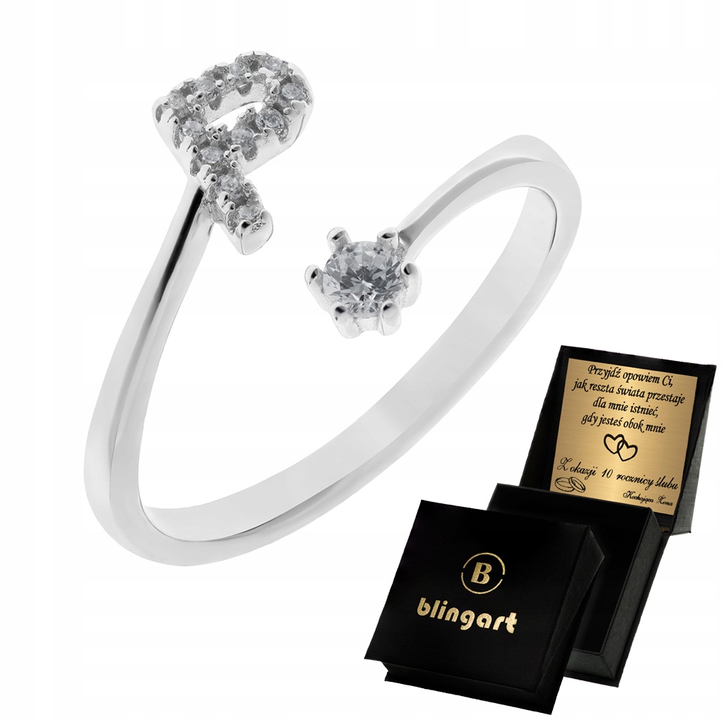 Pierścionek srebrny z literką P z cyrkoniami 925