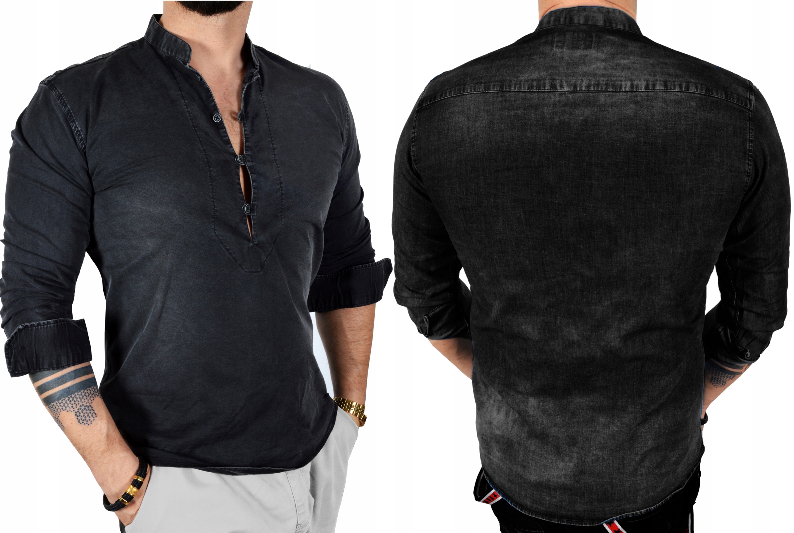 Koszula Męska Jeans Przecierana Denim Stójka Rozmiar L