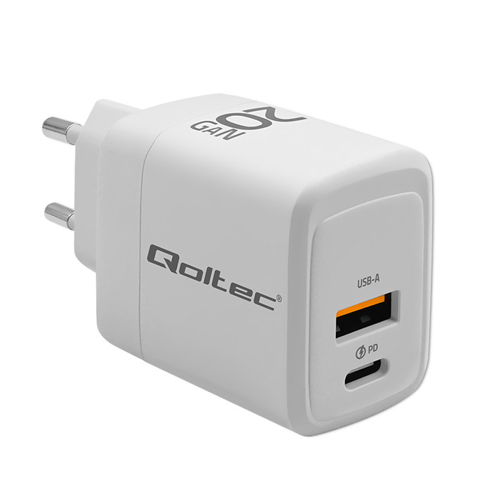 Qoltec Ładowarka sieciowa 20W GaN 5-20V 1.5-3A 1xUSB-C Pd 1xUSB Qc