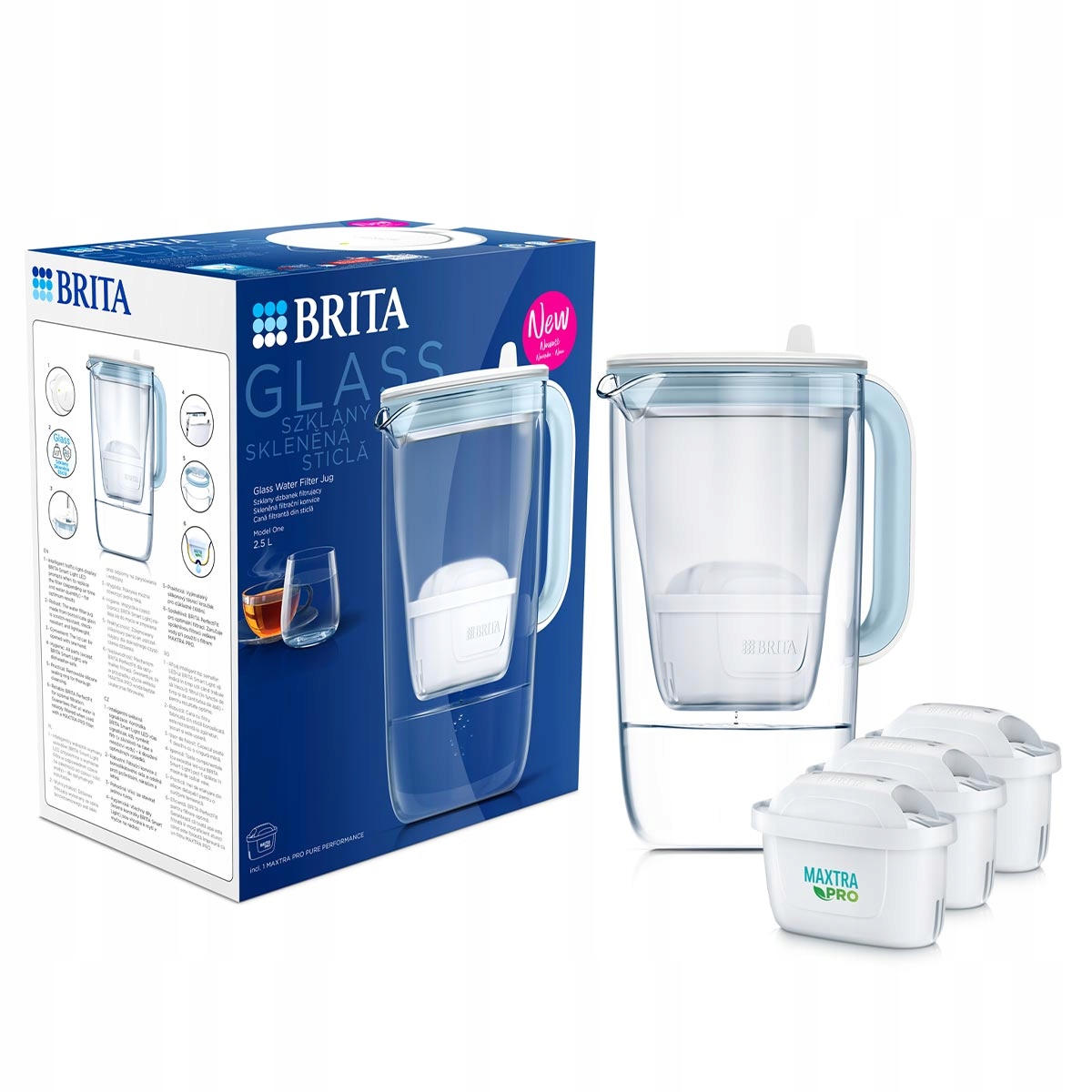 Brita dzbanek szklany Glass niebieski z filtrami Pure Performance 3 sztuki