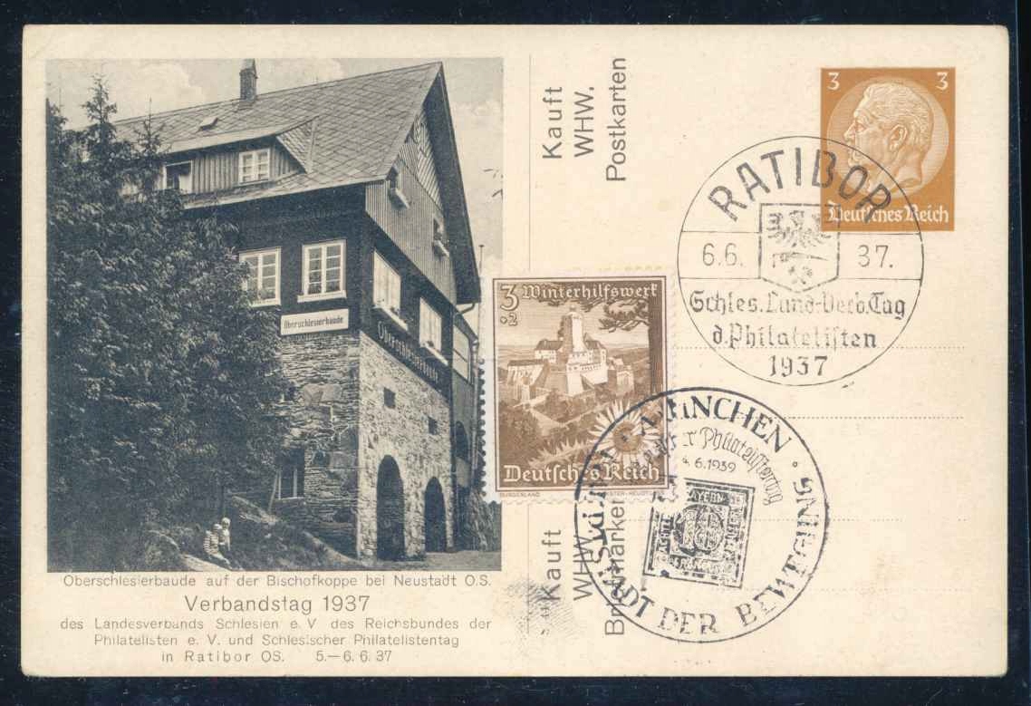 1937 DR, ŚLĄSK, kartka WHW Bischofkoppe, RATIBOR/RACIBÓRZ.