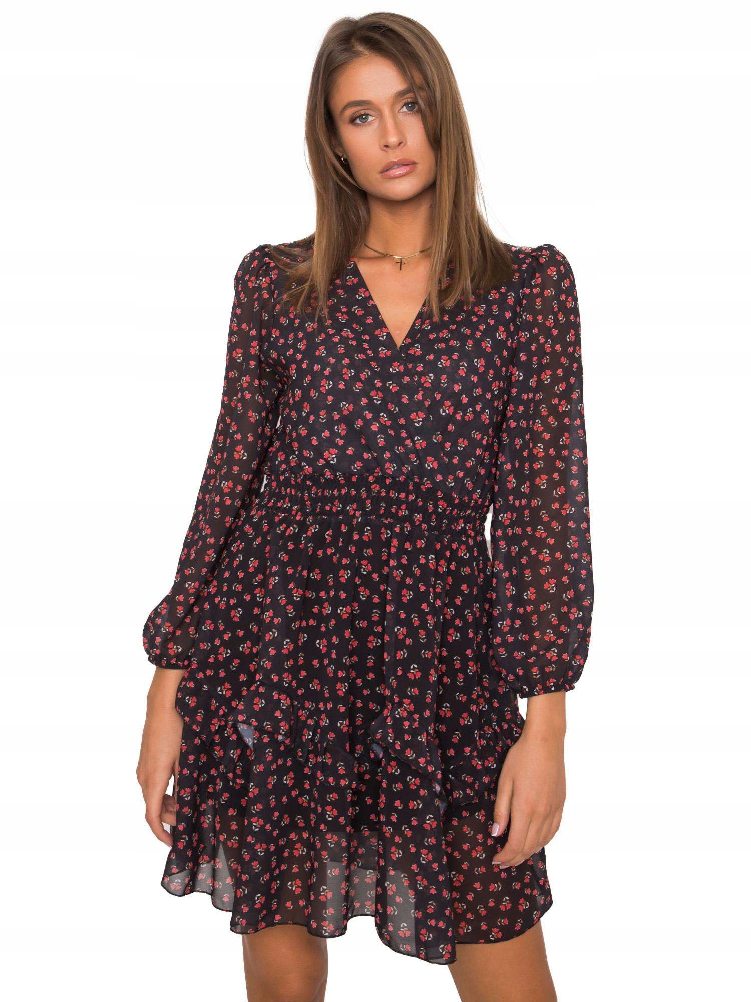 

Sukienka damska w kwiaty print falbana dekolt v