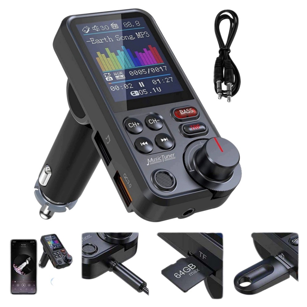 Bluetooth Fm Vysílač Handsfree Sada QC3.0 Sd Bass Velký LCD 24V