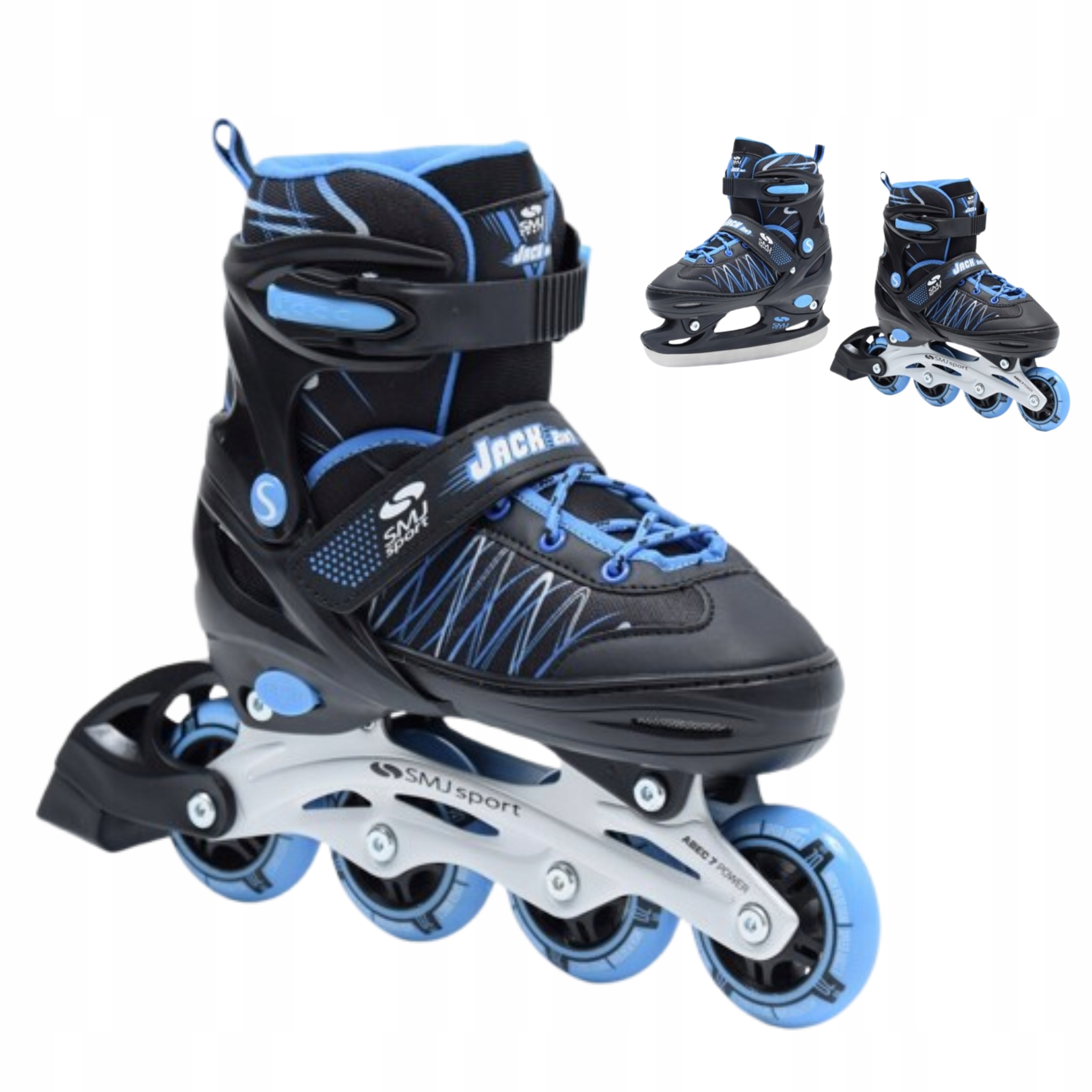 Kolečkové brusle 2v1 nastavitelné 30-33 modré hokejový kaučuk Smj sport