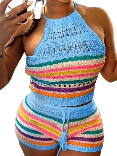 Damski Zestaw Krótkich Spodenek Bez Rękawów, Z Dekoltem Wiązanym Na Szyi, W