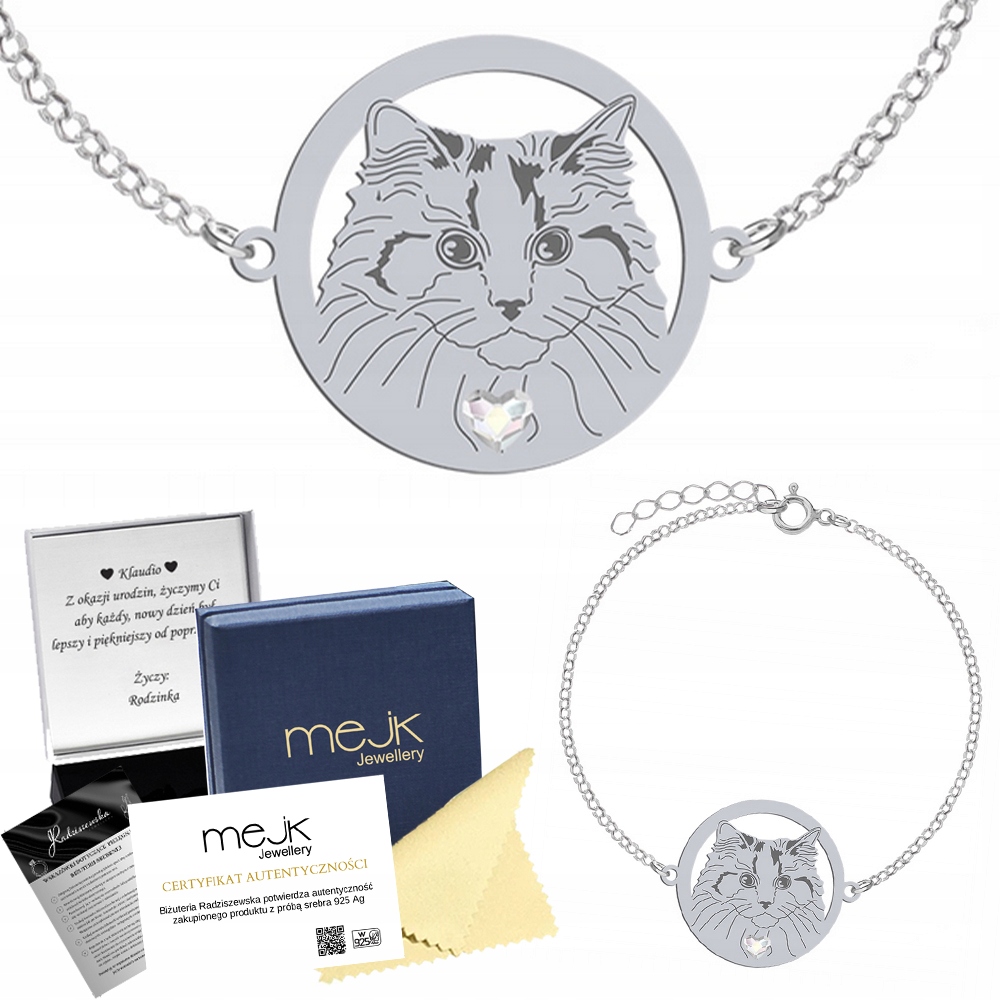 Stříbrný náramek s kočičkou Ragdoll 925 Šperky Dárek Žena Gravírování