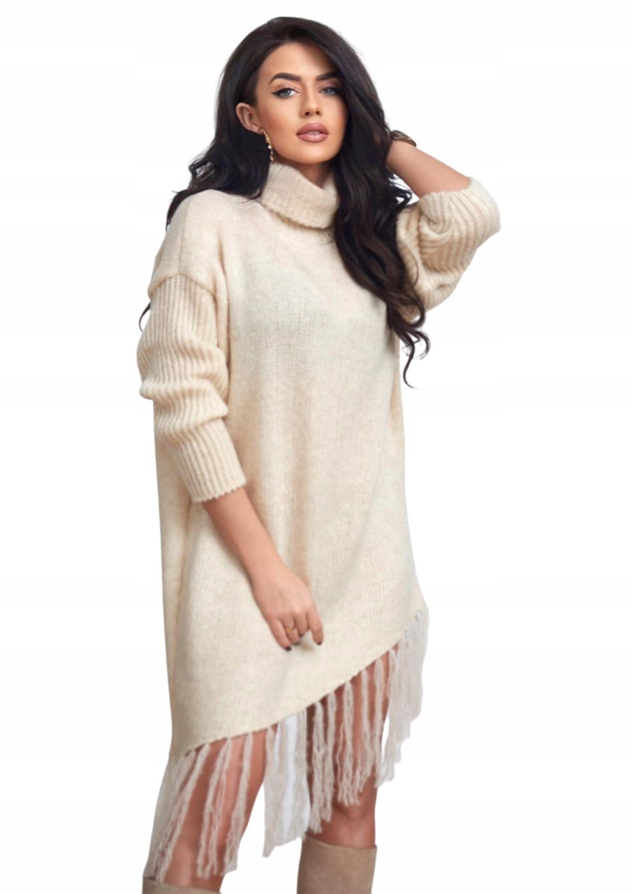 Svetr tunika s třásněmi Amanda Me Gusta béžová