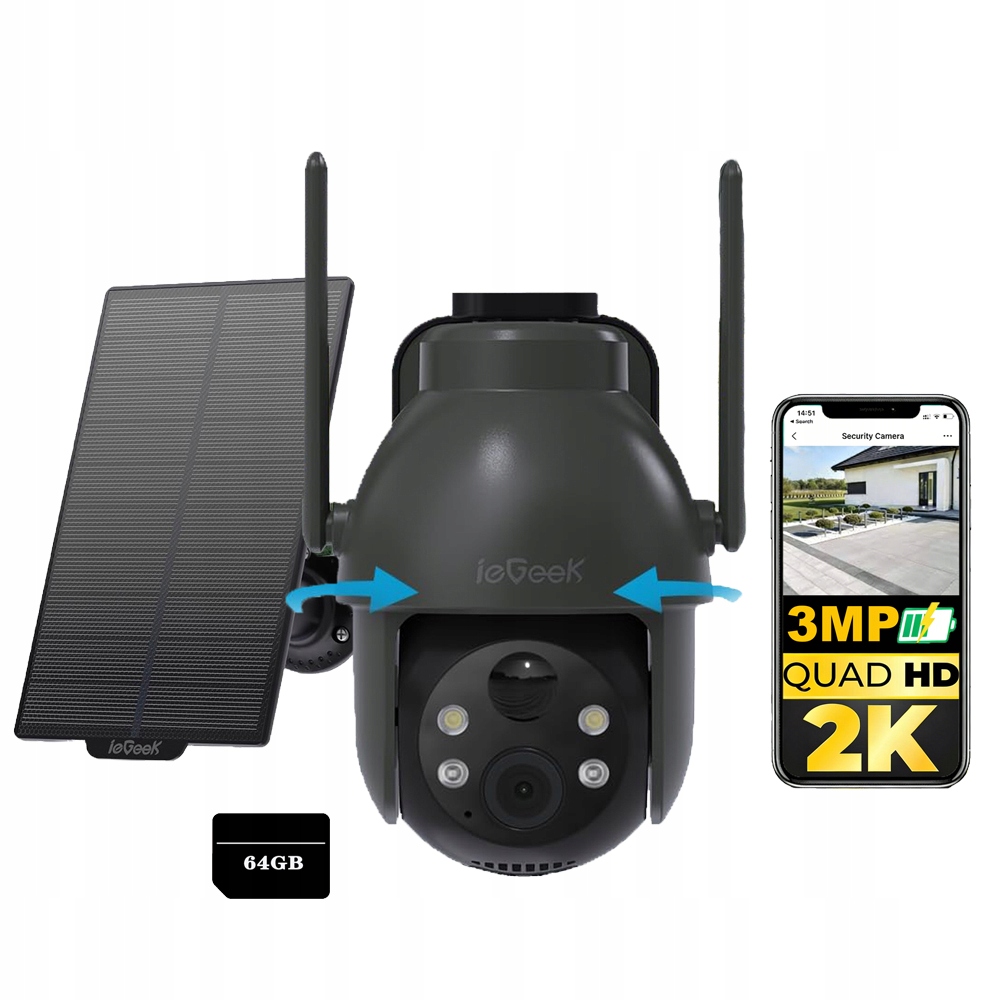 3MP venkovní otočná bezdrátová solární kamera s pamětí na karty 64GB