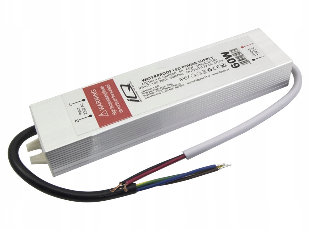 Zasilacz LED 12V 60W 5A WODOODPORNY IP67 MAŁY WYM.